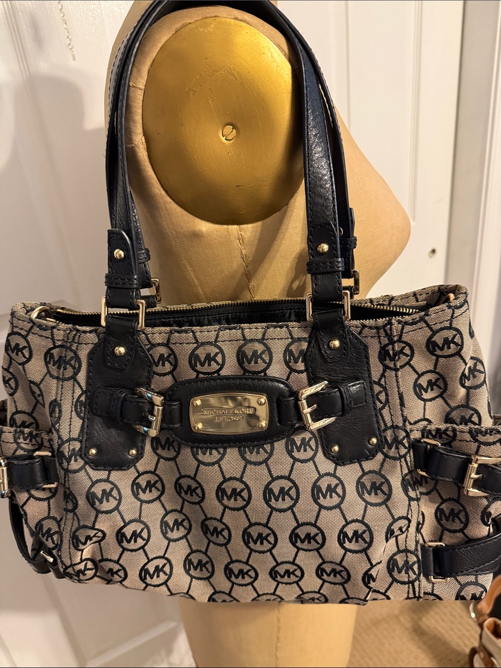 Michael Kors Beige Canvas Logo Shoulder Bag with Black Trim